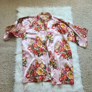 Silk Bridesmaid Robe Pink Floral Kimono with S decal